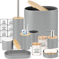 IMAVO Bathroom Accessory Set-11Pcs Grey Bathroom Accessories Set with Trash CanSoap DispenserSoap DishToothbrush HolderToothbrush CupToilet Brush HolderQtip Holder Dispenser with Labels