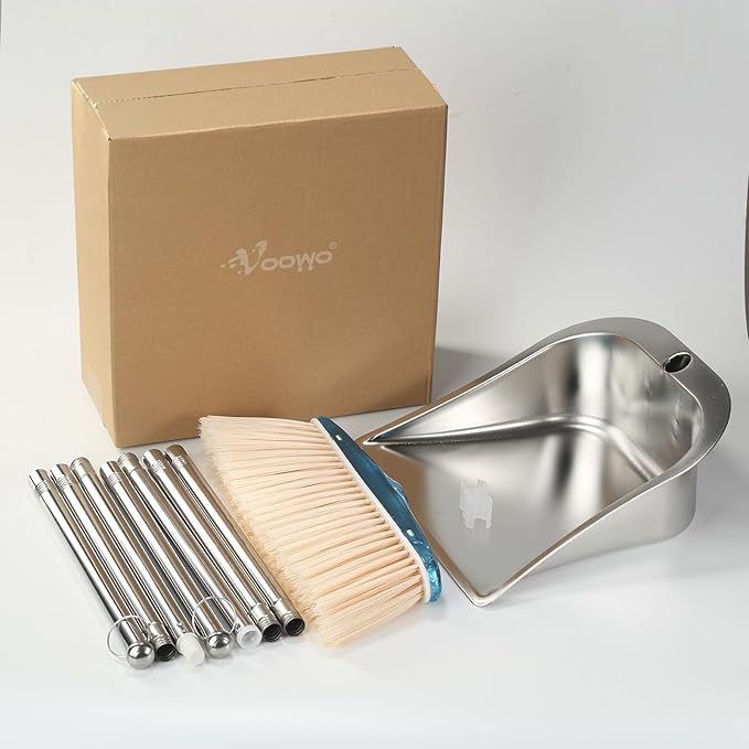 VOOWO Broom and Dustpan Set for Home Stainless Steel Broom and Dustpan Set with Long Handle Heavy Duty Dustpan Broom Set Standing Dust Pan Kitchen and Home Indoor Outdoor Broom
