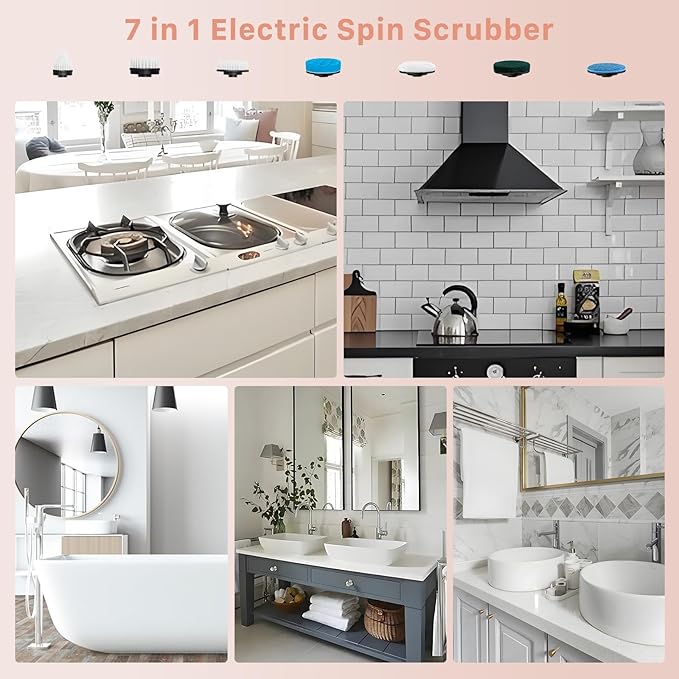 Electric Spin Scrubber Hillyfe Bathroom Scrubber Electric with 7 Replaceable Brush Heads IPX7 Waterproof300/400 RPM 3 Adjustable LengthScrubber Brush Electric for Bathtub FloorPink