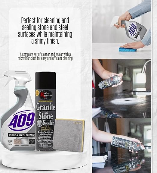 Formula 409 Stone/Steel Cleaner 32 oz Spray and Rock Doctor Clean Scent Granite Sealer 18 oz Spray Bundle with Microfiber Auto Cleaning Cloth – Stone and Countertop Care – Gift Set (3 Items)