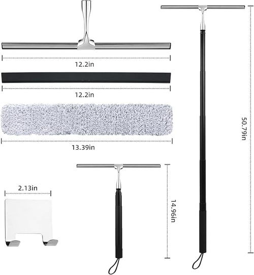 2 in 1 Window Squeegee Shower Squeegee Window Cleaning Kit with Extension Pole Long Handle Squeegee for Shower Glass Floor Bathroom Home Outdoor 12 inch Wide Black