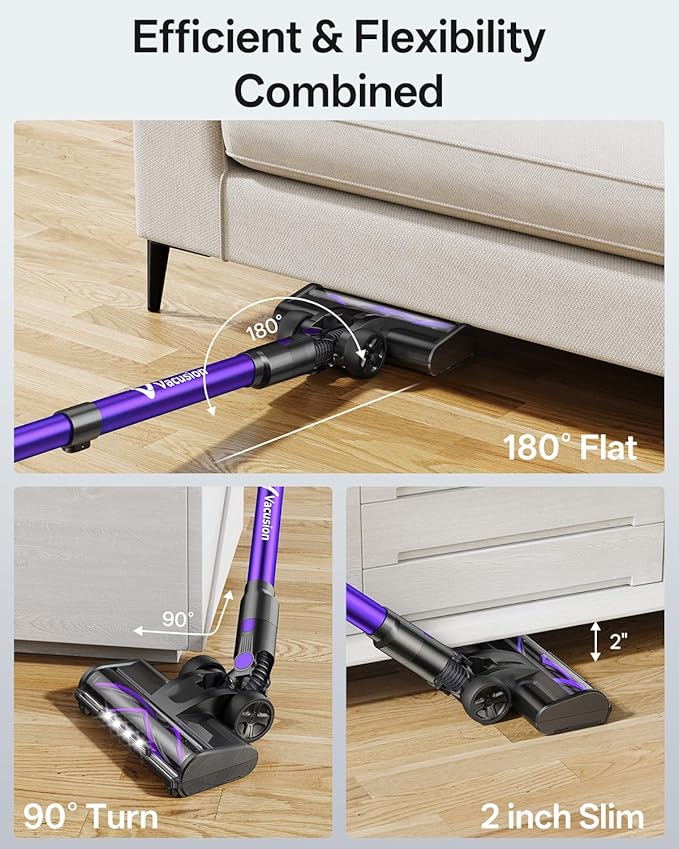 Cordless Vacuum Cleaner 8-in-1 Cordless Stick Vacuum Cleaner with 3 Suction Modes Up to 45mins Runtime Rechargeable Self-Standing Vacuum Cleaners for Home Pet Hair Carpet Car Hard Floor Purple