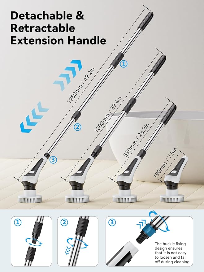 Electric Spin ScrubberCordless Cleaning Brush with Power Display ScreenIP68 Waterproof Shower Cleaning Brush with 8 Replaceable Brush HeadsAdjustable &amp Detachable Handle and 2 Adjustable Speeds