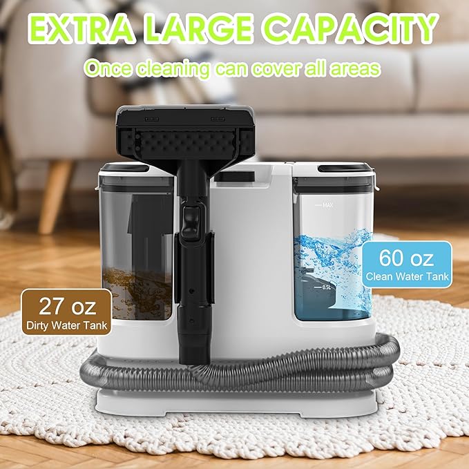 Portable Carpet &amp Upholstery Cleaner Deep Cleaning for Rugs Couch Curtain Car Interiors Stains Pet &amp Family Friendly 800W high-performance motor 21Kpa 120V (White)
