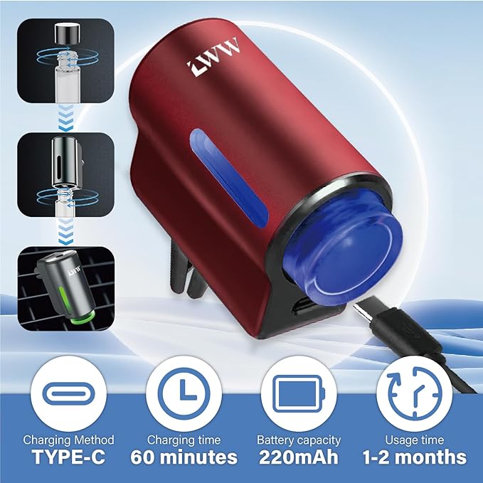 LWW Smart Car Air Freshener - 3 Levels Strength with Ventilation Clip Rechargeable Car Fragrance Atomizer - with 8 10ml Bottles of Fragrance Long Lasting Oil Diffuser (Red)