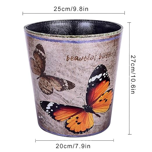 10L/2.64 Gallon Trash Can Decorative Waste Basket PU Leather Waste Paper Basket Waterproof Garbage Can for Bathroom Bedroom Office Kitchen and Living Room - Orange and Black Butterfly