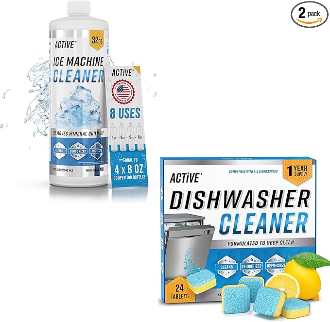 ACTIVE Ice Machine Cleaner and Dishwasher Cleaner - Includes 32oz Ice Maker Cleaning Solution and 24ct Dishwasher Tablets