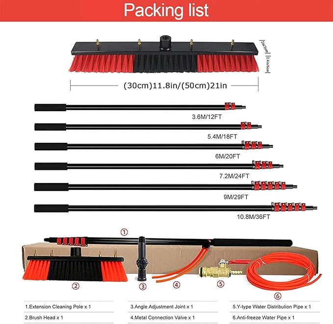 30FT/9M Water Fed Extendable Brush Roof Cleaning ToolsSolar Panel Cleaning BrushWater Fed Window Cleaning Pole with Bendable Head for Cleaning Home Windows