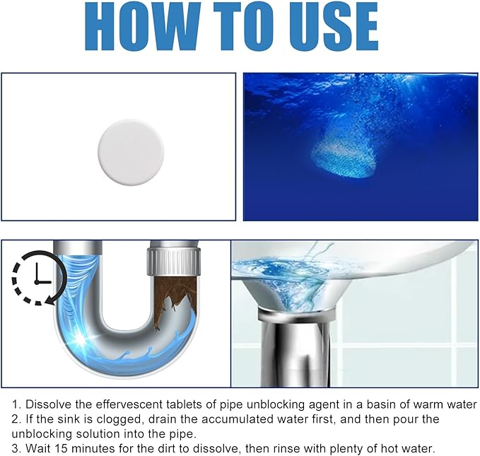 Drain Unclogger Effervescent Tablets for Toilets Floor Drains &amp Sewer Pipes - Instant Blockage Removal Grease &amp Hair Dissolver Odor Eliminator Drain Maintenance(1PCS)