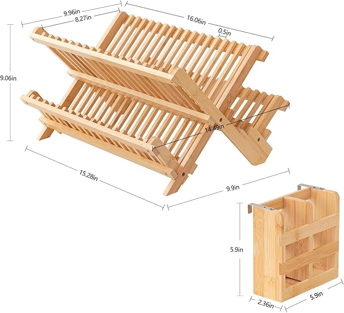 HBlife Bamboo Dish Drying Rack with Utensils Flatware Holder Set 3-Tier Large Folding Drying Holder for Kitchen Counter Collapsible Drainer