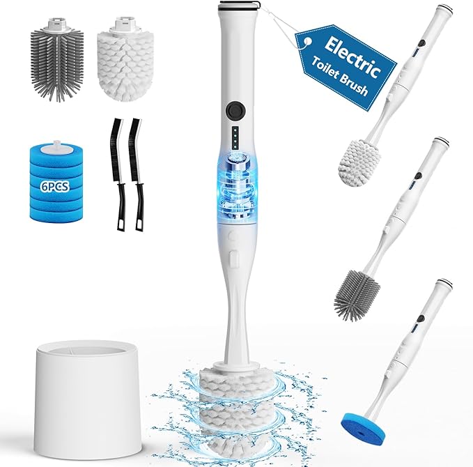 Leebein Electric Toilet Brush and Holder Set Electric Toilet Bowl Scrubber Kit with 8 Replaceable Brush Heads Disposable Toilet Brush with 6 Wand Cleaner Refills 2 Pcs Crevice Cleaning Brush