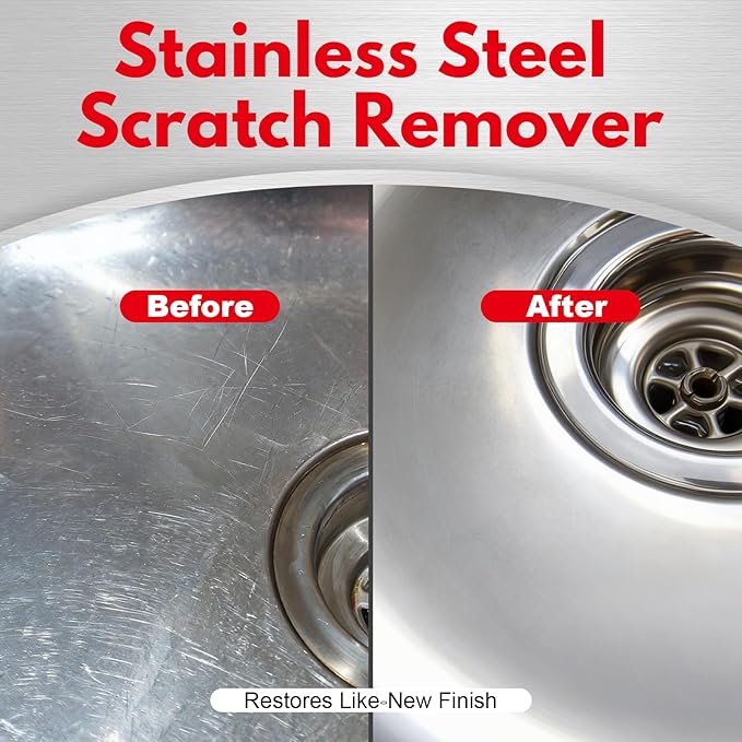 Stainless Steel Scratch Remover Kit Removes Deep Scratches from Sinks Ranges Fridges Stoves &amp Appliances Restores Like-New Finish for Non-Coated Stainless Steel with 3 Pads Compound Handl
