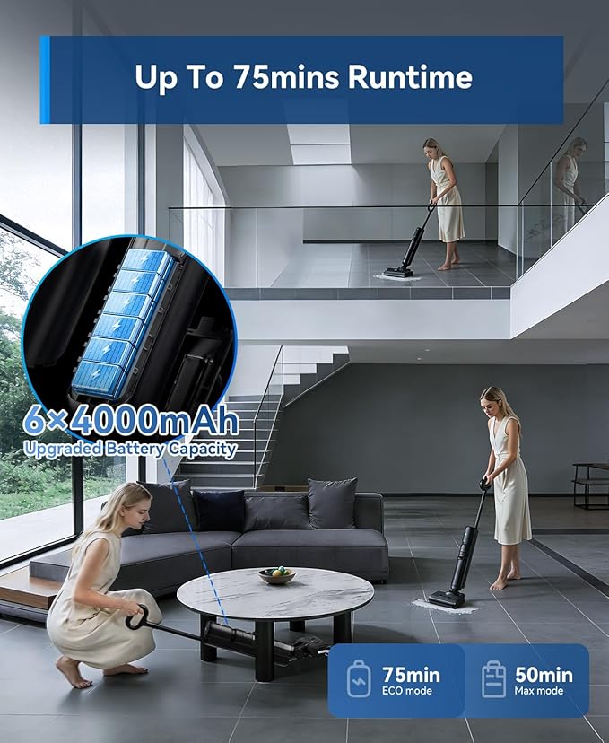 Redroad Wet Dry Vacuum Cleaner22KPa Wet Dry Vacuum Mop with Self-CleaningCordless Vacuum Mop All in OneUp to 75 Mins RuntimeOne-Step Self CleaningAnti-Tangle DesignSmoothDrive TechLightweight