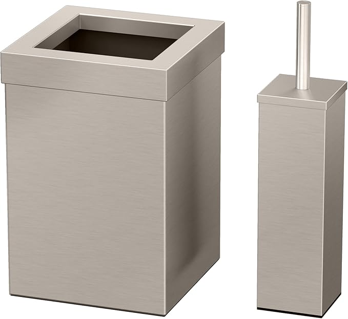 Gatco Small Bathroom Trash Can with Lid and Toilet Brush Set Square 3 Gallon Stainless Steel Wastebasket Under Sink Satin Nickel for Bathroom Bedroom Office (2971)