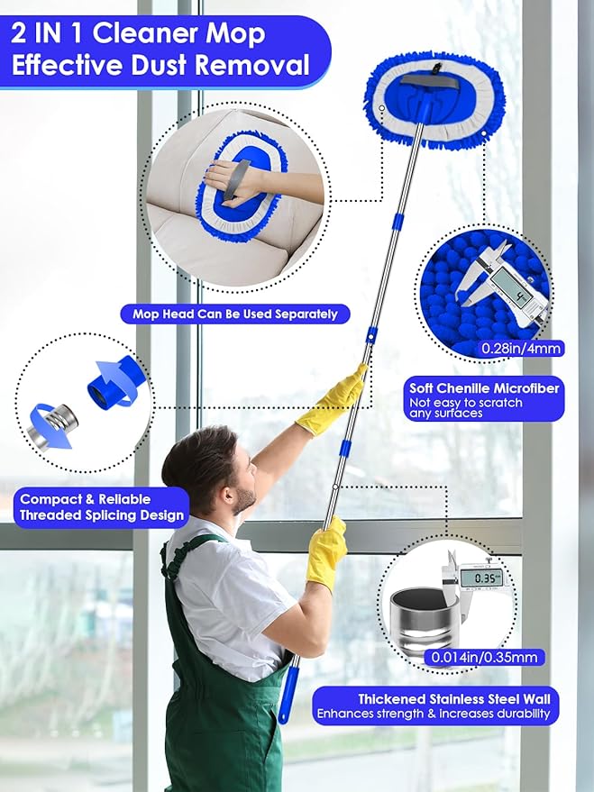 2 in 1 Lightweight Wall Cleaner Mop with Long Handle 75 190cm Lint-Free Duster Cleaning Tool 2 Replacement Microfiber Chenille Pads for Kitchen Baseboard Ceiling Floor Window Door Scrubber BrushBlue