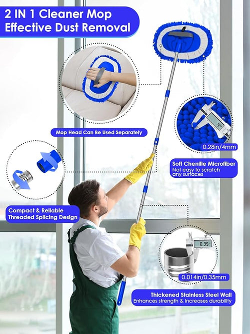 2 in 1 Lightweight Wall Cleaner Mop with Long Handle 75 190cm Lint-Free Duster Cleaning Tool 2 Replacement Microfiber Chenille Pads for Kitchen Baseboard Ceiling Floor Window Door Scrubber BrushBlue