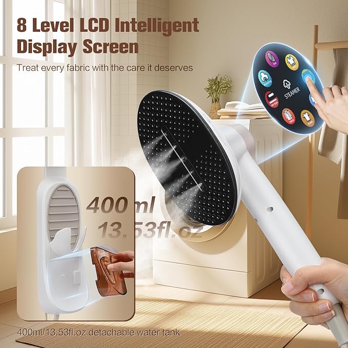 2-in-1 Handheld Steamer for Clothes &amp lron 145oW Portable Garment Steamer with Smart LCD Display 40oml Large Tank8 Steam Levels 90° Rotating Head Fast Heat &amp Auto-Off for Home/Travel
