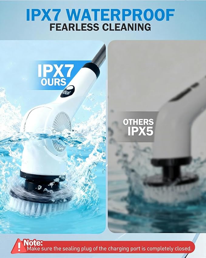 Electric Spin Scrubber 3-Speed Cordless Shower Scrubber with Long Handle &amp 10 Replaceable Brush Heads 90 Mins Runtime &amp Full-Body IPX7 Waterproof Shower Cleaner Brush for Bathroom Kithchen