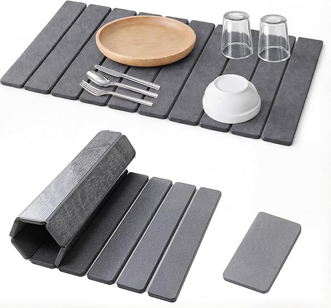 2 Pcs Large Stone Dish Drying Mat For Kitchen Counter 24×16 Collapsible Quick Stone Dry Dish Mat Absorbent Diatomaceous Earth Mats For Bottles Cups Match Any Countertop (Dark Gray 2 24 x 16)
