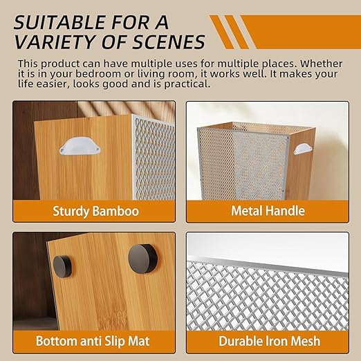 3 Gallon Bamboo-Wooden Trash Can - Rustic Office Waste Paper Basket - Decorative Garbage Bin for Bedroom Bathroom Kitchen Living Room