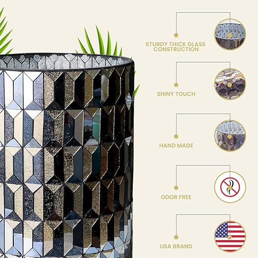Escenzy Modern Bathroom Trash Can Mosaic Glass 6L | Decorative Small Garbage Can | 8 x 10 | Luxury Waste Basket for Restroom Office Bedroom &amp Kitchen | Shiny Black and Gold Bathroom Accessorie