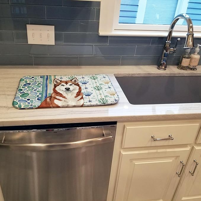 Caroline's Treasures Red and White Alaskan Malamute Coastal Sea Glass Dish Drying Mat Absorbent Dish Drying Mat Pad for Kitchen Counter Dish Drainer Mat for Countertop 14 x 21 Multicolor