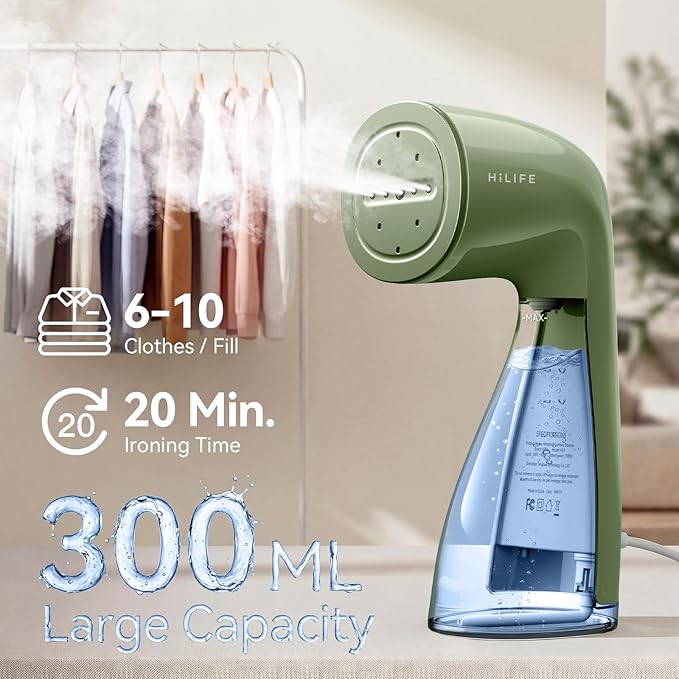 HiLIFE Steamer for Clothes Portable Handheld Design 240ml Big Capacity 700W Strong Penetrating Steam Removes Wrinkle for Home Office and Travel(ONLY FOR 120V) (Olive Green)