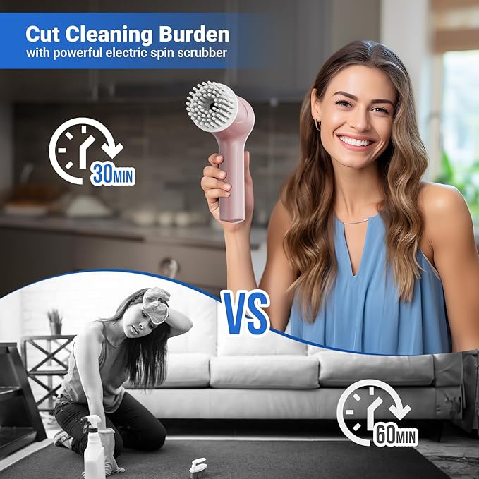 Electric Spin Scrubber Cordless Shower Scrubber with Battery Level Display 2 Speeds Electric Scrubber for Cleaning with 6 Replaceable Heads Cleaning Brush for Bathroom/Sink/Window (Pink)