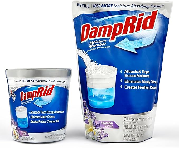 Damp Rid Refillable Moisture Absorber – Lavender Vanilla Humidity Absorber &amp Odor Absorber with 11oz Cup and 44oz Refill Bag Cleaner Air for Closet &amp Bathroom – ILIOS Packaging