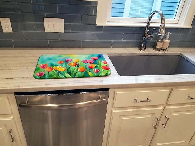 Caroline's Treasures DAC1618DDM Tulips in Watercolor Dish Drying Mat Absorbent Dish Drying Mat Pad for Kitchen Counter Dish Drainer Mat for Countertop 14 x 21 Multicolor