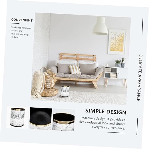 Marble Pattern Round Plastic Trash Can for Office and Home Compact Garbage Wastebasket with Mouth Versatile Space Bin for Bathroom Cabinet Under Sink Use