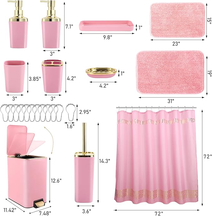 Bathroom Sets with Shower Curtain and Rugs Bathroom Accessories Set Pink Bathroom SetShower Curtain Set with Stainless Steel Trash Can