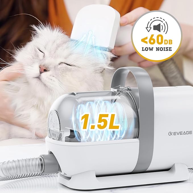 EVEAGE Dog Grooming Clipper Kit 13000Pa Strong Grooming &amp Vacuum Suction 99.99% Pet Hair 1.5L Large Capacity Dust Cup Low Noise Pet Hair Vacuum 7 Grooming Tools &amp 6 Nozzles for Cat &amp Do