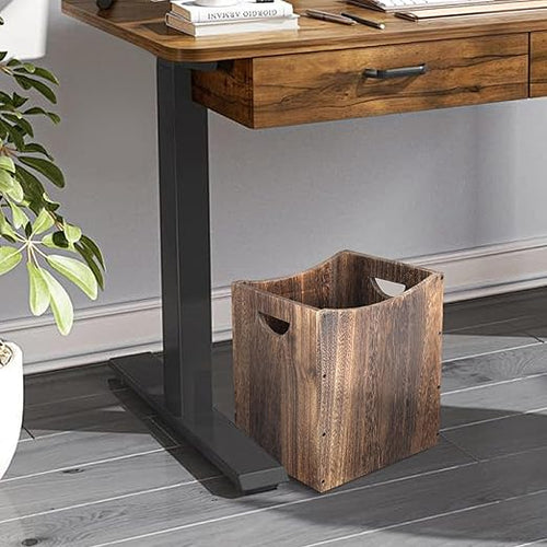 2 Pack 5 Gallon Wooden Trash Can Curved Design Office Waste Basket Rectangular Farmhouse Garbage Can Brown Vintage Wood Trash Can Storage Basket With Handles for Bedroom Office Decorative