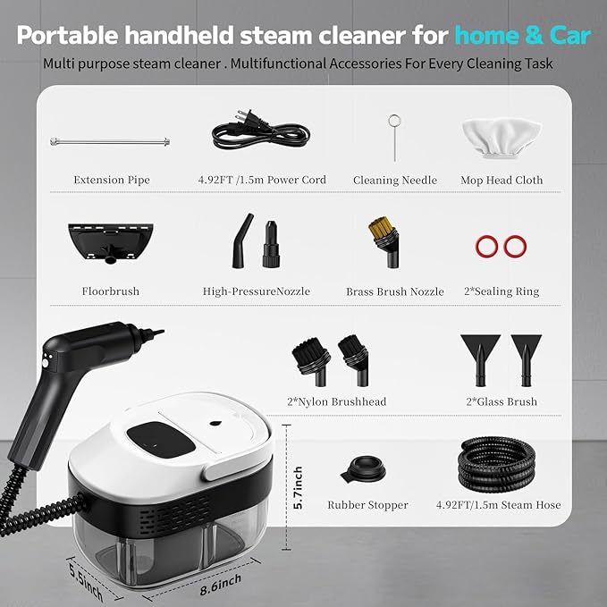 Pressurized Steam Cleaner 54oz Large Tank Portable Steamer for Cleaning with 15-Piece Kit 15s Fast Heat-Up 3-Level Control Handheld Steam Cleaner for Home Car Kitchen Tile Grout(White)