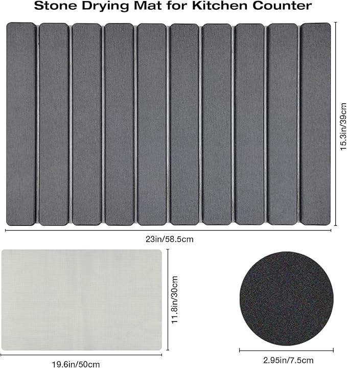 Large Diatomite Kitchen Counter Drying Mat – 24”x16” Aesthetic Stone Mat for Dishes Roll-Up Space-Saving &amp Quick-Drying Stone Rack