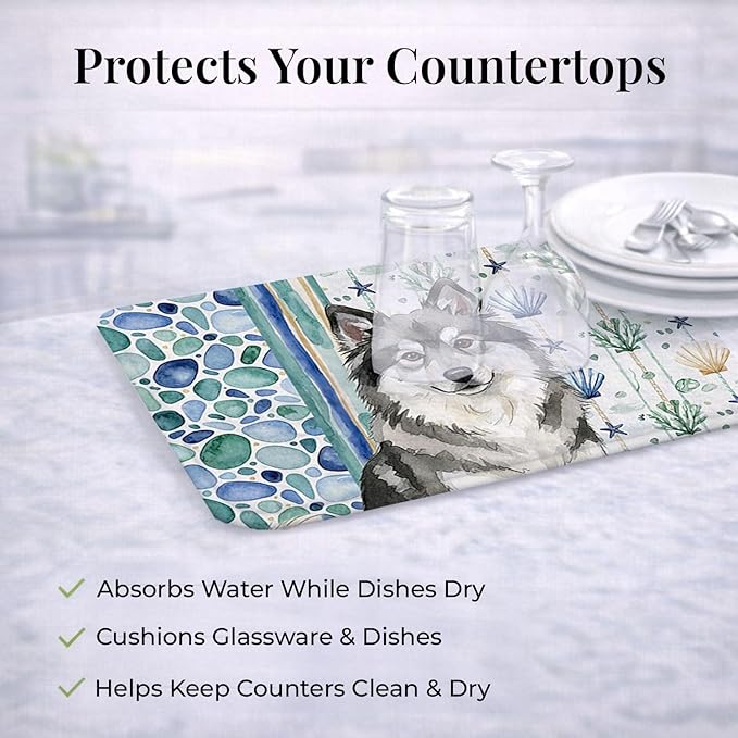 Caroline's Treasures Keeshond Coastal Sea Glass Dish Drying Mat Absorbent Dish Drying Mat Pad for Kitchen Counter Dish Drainer Mat for Countertop 14 x 21 Multicolor