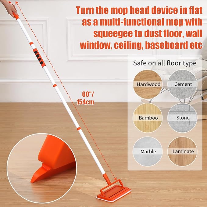 Qaestfy Ceiling Fan Cleaner Duster with 62.5‘’ Extendable Long Handle Ceiling Fan Blade Cleaning Tool Reusable Chenille &amp Microfiber Mop Head for Dusting Ceiling Fan Baseboard Wall Floor