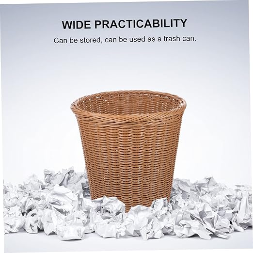 Woven Wastebasket Rust-Resistant Iron Handcrafted Faux Rattan Design Round Trash Bin for Office Home and Guest Rooms