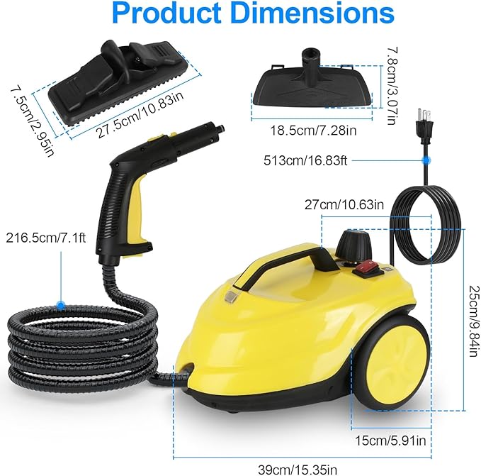 Handheld Steam Cleaner Portable Steamer with 15pcs Accessories Steam Lock 16.8ft Long Power Cord 2L Large Tank Overheat Protection Multi-Purpose Steamer for Home Car Bathroom Grease (Yellow)
