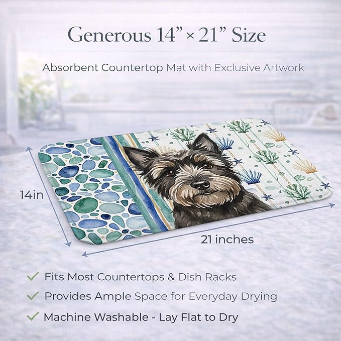 Caroline's Treasures Black Cairn Terrier Coastal Sea Glass Dish Drying Mat Absorbent Dish Drying Mat Pad for Kitchen Counter Dish Drainer Mat for Countertop 14 x 21 Multicolor