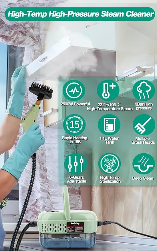 Steam Cleaner 2500W High Pressure Handheld Steamer 6-gears adjustable Portable Steam Cleaning Machine with 6 Brushes Cleaning for Home Use Kitchen BathroomHard SurfaceCar Detailing (Green)