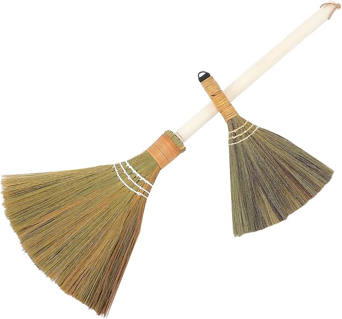 Handmade Soft Bristle Grass Broom 2pcs Set with Removable Handle Small and Large for Household Dust Sweeping Indoor Cleaning