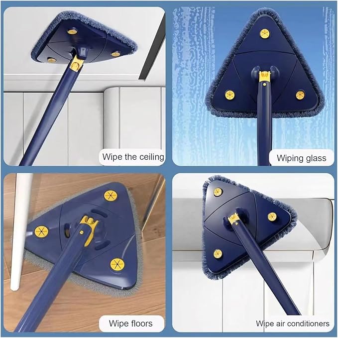 Triangle Cleaning Mop Telescopic 360° Rotatable Adjustable Microfiber with 4 Pads Floor Household Ceiling(White-5pc-cloth)