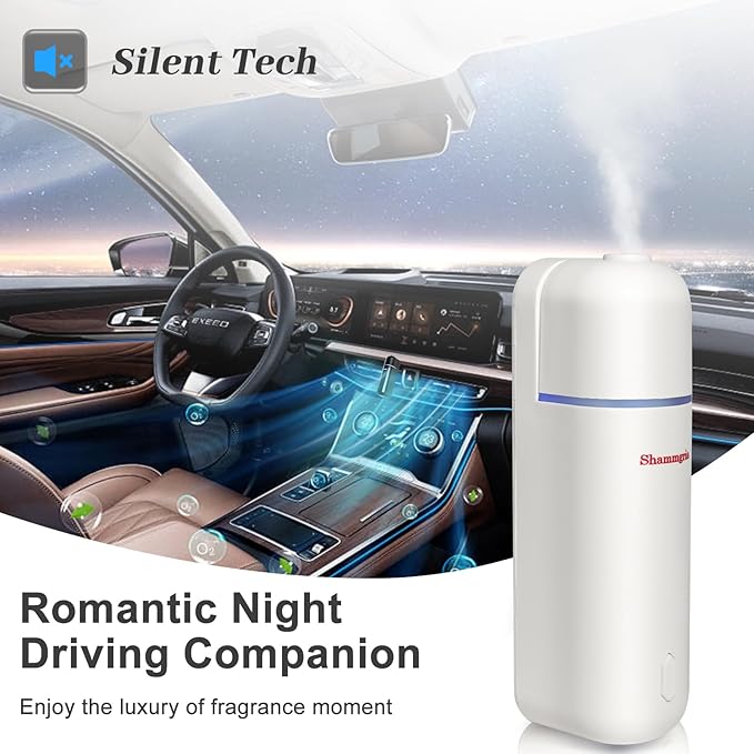 Car Air Freshener Diffuser Motion Sensor Waterless Essential Oil Diffuser for Car USB Rechargeable Air Freshener with 6 Refill Scent（Hilton/Sandwood/WhiteTea/Diamond/GreenBamboo/Pachuli