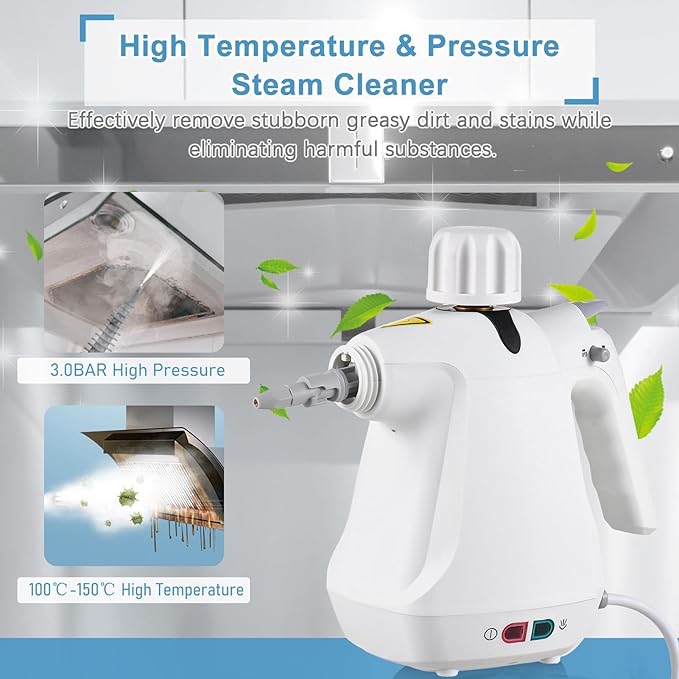 Handheld Steam Cleaner with 10 Accessories1000W High Power and 3.0 BAR PressureMultipurpose Steam Cleaner for HomeSteam Mop for Cleaning DirtOil StainsCarpetsFloorsSofasCars (White)