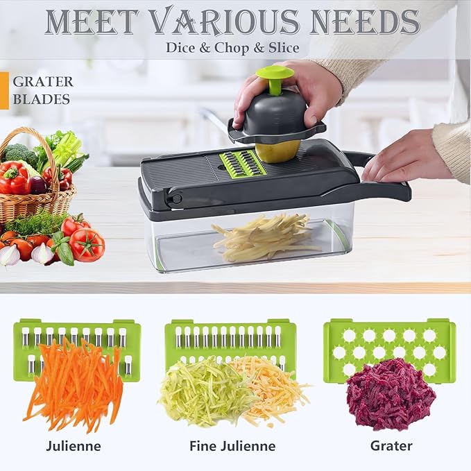 Vegetable Chopper Dicer with Container | Cheese Grater Mandoline Slicer Cabbage Shredder French Fry Cutter Stainless Steel for Veggie Onion Potato Fruit Food Manual Hand Cooking Gadget for Kitchen
