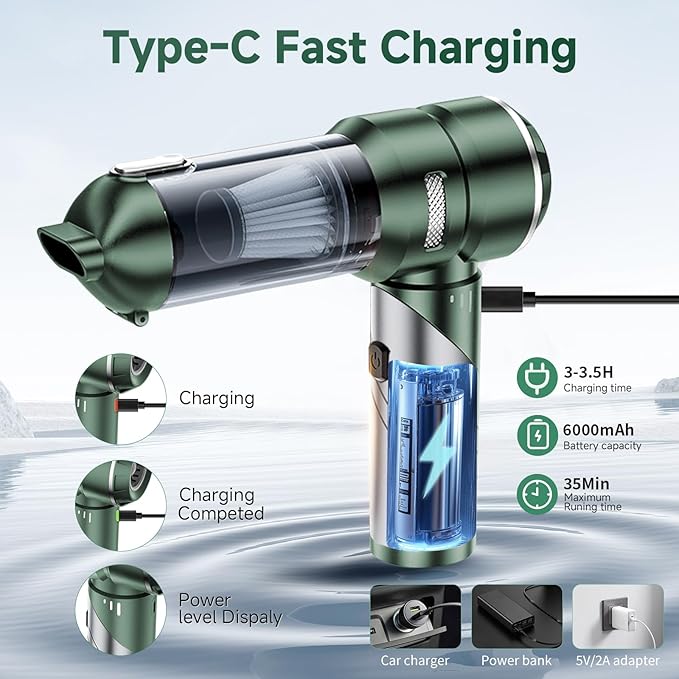 Car Vacuum Portable Cordless 22000PA High Power Handheld Mini Vacuum Cleaner Rechargeable Foldable with Brushless Motor Air Blower Duster Pump for Car Home Office Pet (Grayish Green)