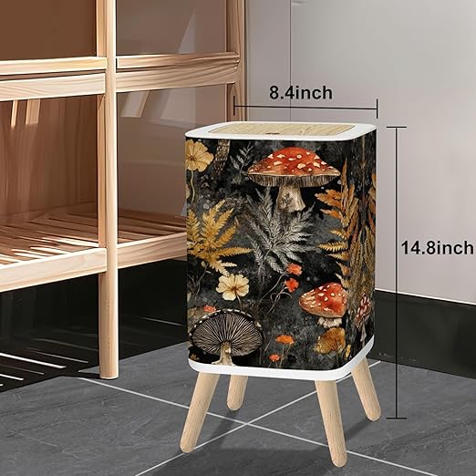 Small Trash Can with Lid Mushroom Seamless Boho Black Brown Mushroom Forest Vintage Mushrooms 2.6 Gallon/10L Garbage Can Waste Bin with Pop-Up Lid Wood Legs Wastebasket for Bathroom Kitchen Bedroom