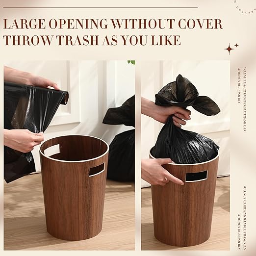 2 Pack 2.3 Gallons Wood Trash Can Wastebasket Natural Wood Round Wastebasket Small Trash Bin for Home Office Under Desk Kitchen Bedroom Hotel Room (Walnut ColorFlat)